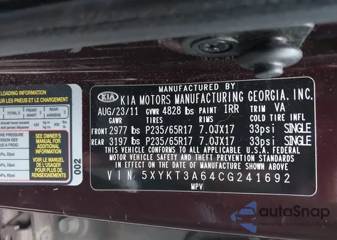 2012 Kia Sorento Lx из США, поврежденный, VIN 5XYKT3A64CG241692